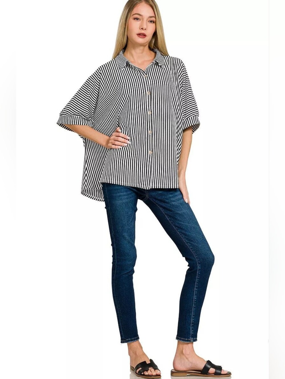 Zenana Black White Oversized Vertical Stripe Button-Down Short Sleeve Shirt L/XL - Picture 3 of 7